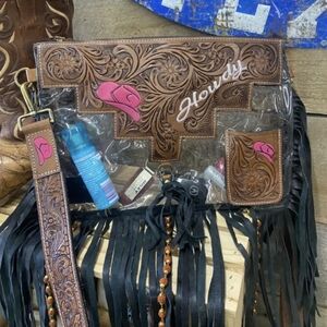 Brown and Pink Western Crossbody Bag with Clear Panels